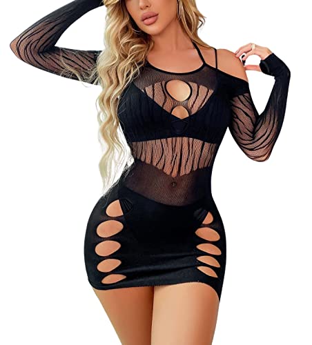 Sniff Rose Damen Ausgeschnittenes Netz Bodycon Kleid Fishnet Neckholder Slips Dessous Body Minikleid Clubbekleidung Partykleid Outfits Nachtwäsche Chemise (Schwarz) von Sniff Rose