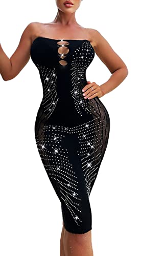 Sniff Rose Damen Bandeau-Kleid mit Strass besetztem Netz Cut-Out Fishnetz Sequin Bodycon Kleid Partykleid Clubbekleidung für den Abend Dessous für Damen (Schwarz) von Sniff Rose