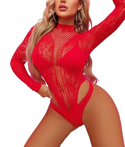 Sniff Rose Damen Blumen Fishnetz Teddy Body Babydoll Hochgeschnürter Netz Babydoll Dessous Rückenfrei Langarm Clubbekleidung Top Leotard (Rot) von Sniff Rose