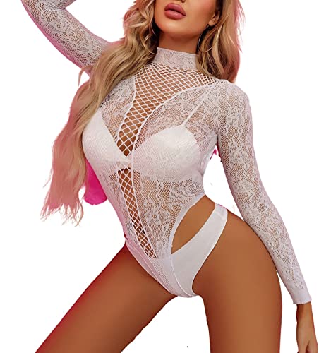 Sniff Rose Damen Blumen Fishnetz Teddy Body Babydoll Hochgeschnürter Netz Babydoll Dessous Rückenfrei Langarm Clubbekleidung Top Leotard (Weiß) von Sniff Rose
