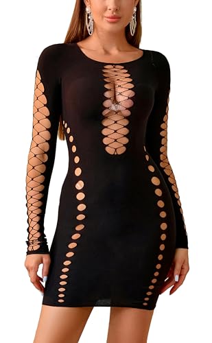 Sniff Rose Damen Cut Out Bodycon Kleid Damen Clubbekleidung Partykleid Schlüpfer Damen Fishnetz Dessous Mesh Bodysuit (Schwarz) von Sniff Rose