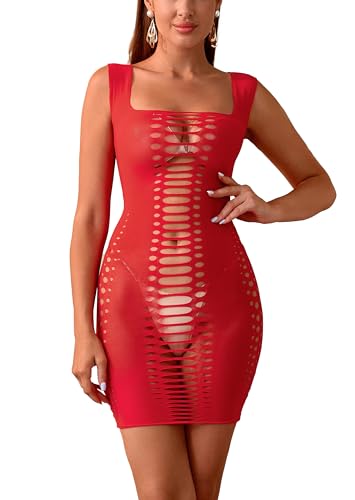 Sniff Rose Damen Cut Out Bodycon Kleid Damen Fishnet Dessous Bodycon Bodysuit Minikleid Mesh Schlüpfer (Rot) von Sniff Rose