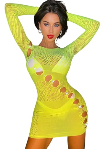 Sniff Rose Damen Cut-Out Bodycon Kleid Strassbesetzter Body Zebra-Stripe Dessous Kontrastierendes Netz Clubbekleidung Party Kleid Outfit für die Nacht (Neon Grün) von Sniff Rose