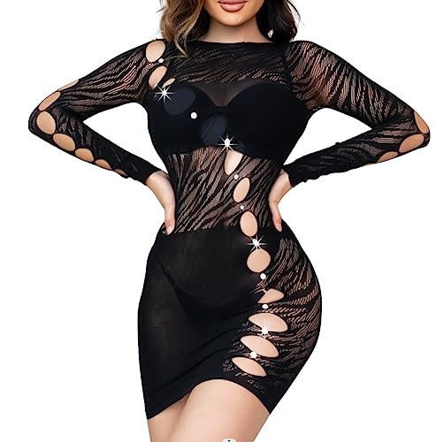 Sniff Rose Damen Cut-Out Bodycon Kleid Strassbesetzter Body Zebra-Stripe Dessous Kontrastierendes Netz Clubbekleidung Party Kleid Outfit für die Nacht (Schwarz) von Sniff Rose