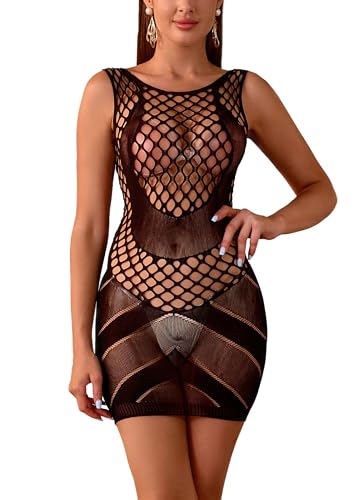 Sniff Rose Damen Cut Out Fishnetz Dessous Damen Aushöhlung Bodysuit Bodycon Kleid Minikleid Mesh Schlüpfer (Schwarz) von Sniff Rose