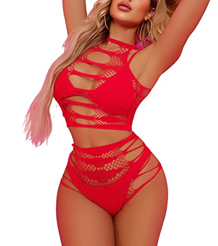 Sniff Rose Damen Cut-Out Fishnetz Mesh Dessous Set mit ausgeschnittener Babydoll Top und Schlüpfer - 2-Teiliges Kostüm Set (Rot) von Sniff Rose