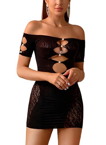 Sniff Rose Damen Cut Out Perlenbestickt Bodycon Kleid Damen Clubbekleidung Partykleid Schlüpfer Damen Fishnetz Dessous Mesh Bodysuit (Schwarz) von Sniff Rose