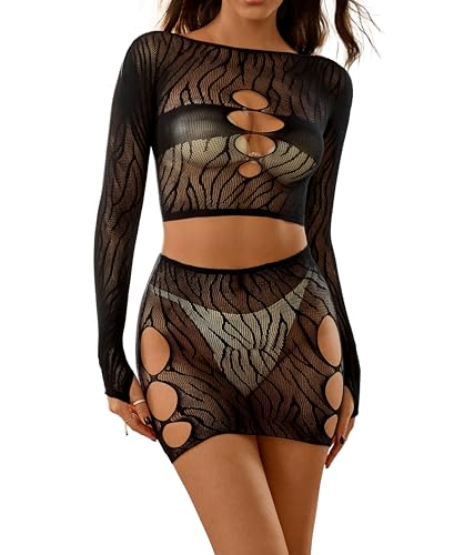Sniff Rose Damen Fischnetz Dessous Set Mesh Cut-Out Babydoll Body Cropped Top mit Kleid 2-teiliges Nachtwäsche Unterwäsche Set Party Kleid Club Bekleidung (Schwarz, Einheitsgröße) von Sniff Rose