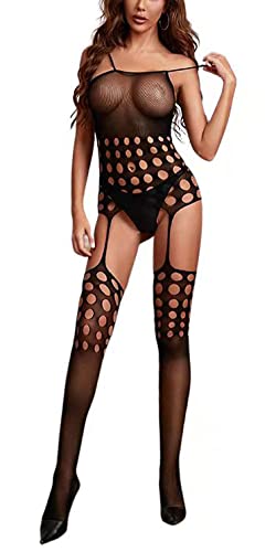 Sniff Rose Damen Fischnetz Reizwäsche Netzwäsche Netzstrümpfe Bodystocking Bodystocking Dessous Aushöhlen Bodys Stretch Babydoll Teddy Nachtwäsche Horsiery (Schwarz) von Sniff Rose