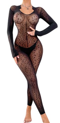 Sniff Rose Damen Fishnet Dessous Damen Mesh Bodysuit Bodystocking mit Leopardenmuster Strumpfhose Overall Unterwäsche Nachtwäsche (Schwarz WN) von Sniff Rose