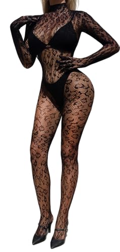 Sniff Rose Damen Fishnet Dessous Damen Mesh Bodysuit Bodystocking mit Leopardenmuster Strumpfhose Overall Unterwäsche Nachtwäsche (Schwarz ZS) von Sniff Rose
