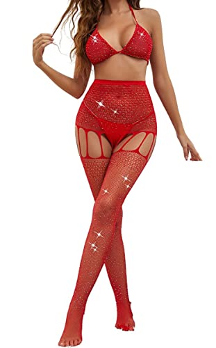 Sniff Rose Damen Fishnetz Halter rückenfreie Dessous Set Mesh strassbesetztes Bralettle mit Strumpfhose 2er Pack Kostüm Set (Rot) von Sniff Rose