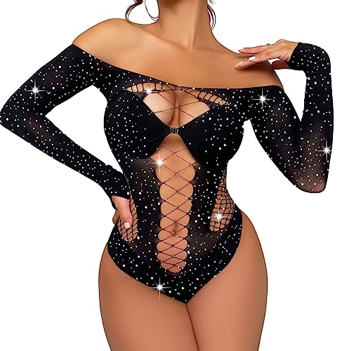 Sniff Rose Damen Fishnetz Teddy Body Strass Cut Out Mesh Dessous Funkelnd Bodystocking Top Leotard Clubbekleidung (Schwarz) von Sniff Rose