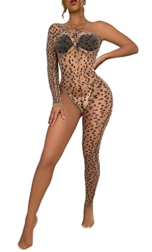 Sniff Rose Damen Leopardenmuster Spitzen Bodycon Body Damen Netz Bodystocking Figurbetonte Clubbekleidung Partykleider (Leopardenmuster) von Sniff Rose