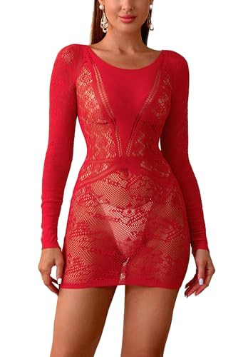 Sniff Rose Damen Spitzen Mesh Bodycon Kleid Damen Fishnet Dessous Blumenmuster Nachthemd Bodysuit Schlüpfer (Rot) von Sniff Rose