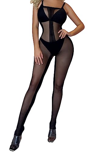 Sniff Rose Damen Spitzen Mesh Dessous Minikleid Babydoll Fishnet Strumpfhose Strapse Gestreifte Ausgehöhlte Dessous Chemise Nachtwäsche Body Teddy (Schwarz 04) von Sniff Rose