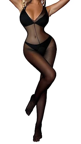 Sniff Rose Damen Spitzen Mesh Dessous Minikleid Babydoll Fishnet Strumpfhose Strapse Gestreifte Ausgehöhlte Dessous Chemise Nachtwäsche Body Teddy (Schwarz 05) von Sniff Rose