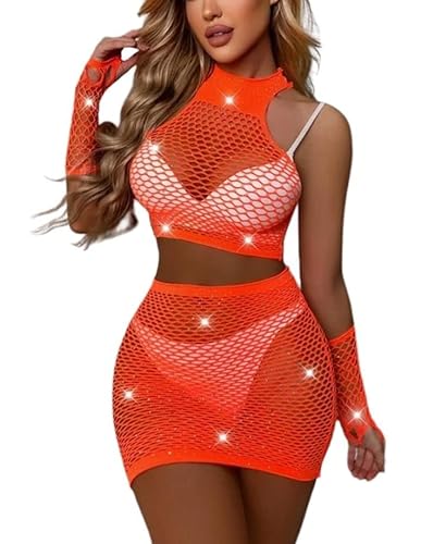 Sniff Rose Damen Strassbesetzte Fishnetz Dessous Set 4er Pack Mesh Cut Out Halter Top und Fishnetz Kleid mit Armärmeln (Orange) von Sniff Rose