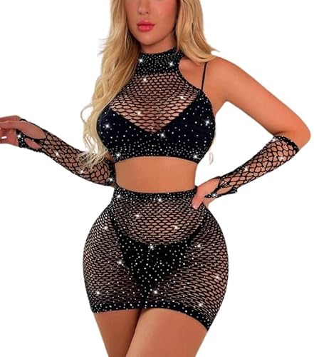 Sniff Rose Damen Strassbesetzte Fishnetz Dessous Set 4er Pack Mesh Cut Out Halter Top und Fishnetz Kleid mit Armärmeln (Schwarz) von Sniff Rose