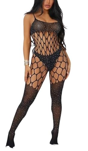 Sniff Rose Damen Strassbesetzter Kreuz-Bodystocking aus Netzstoff Ausschnitt-Dessous glitzerndes Outfit Body Schlafbekleidung Ganzkörperstrumpfhose Chemise (Schwarz) von Sniff Rose