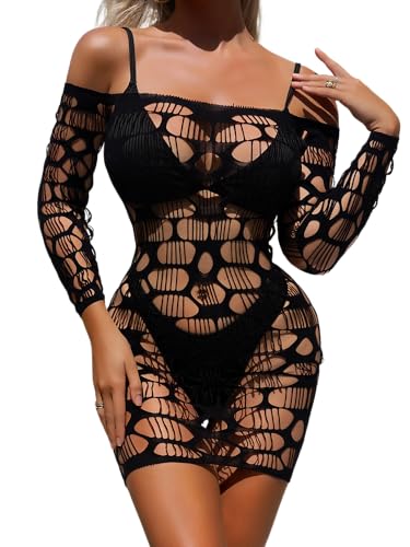 Sniff Rose Sexy Dessous für Damen Fischnetz Reizwäsche Bodys Langes Schlauchkleid Outfits Bodycon Stretch Rundhalsausschnitt Party Club Maxikleid (Schwarz) von Sniff Rose