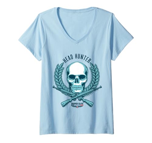 Damen Sniper Elite Widerstand Kopf Hunter Schädel Gewehr Kranz T-Shirt mit V-Ausschnitt Damen Sniper Elite Widerstand Kopf Hunter Schädel Gewehr Kranz T-Shirt mit V-Ausschnitt von Sniper Elite