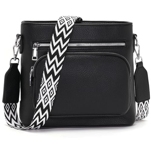 Snmoec Handtasche Damen mittelgroß umhängetasche Damen Handy Crossbody Bag Leder PU damentaschen mit breitem Gurt Handtasche schwarz von Snmoec