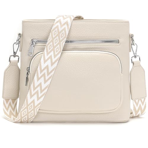 Snmoec Handtasche Damen mittelgroß umhängetasche Damen Handy Crossbody Bag Leder PU damentaschen mit breitem Gurt Handtasche Beige von Snmoec