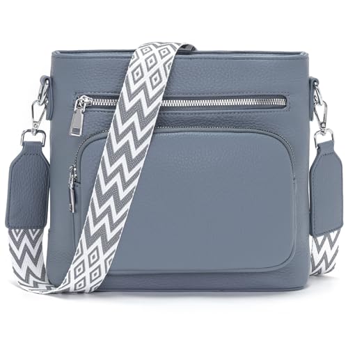 Snmoec Handtasche Damen mittelgroß umhängetasche Damen Handy Crossbody Bag Leder PU damentaschen mit breitem Gurt Handtasche Graublau von Snmoec