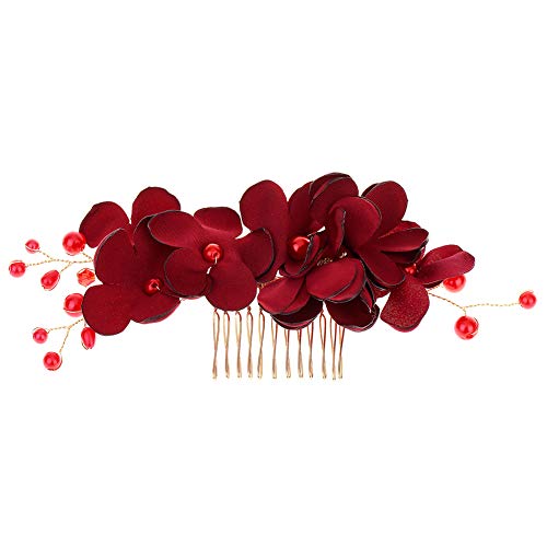 Elegante Hochzeits-Haarkämme Für Die Braut Roter Blumen-Perlen Frauen Haarnadel Brauen Kopfschmuck Haarschmuck Brauthaar-Zusätze von Snner
