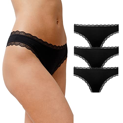 Snocks String Tanga Damen mit Spitze (3X) - Unterwäsche Damen (XS-XL) (3X Schwarz, L) von Snocks