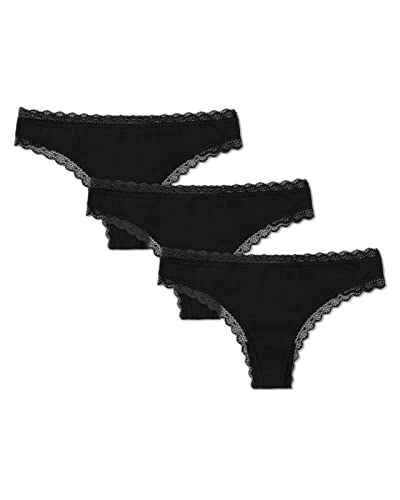 Snocks Tanga Damen mit Spitze aus Bio-Baumwolle 3er Pack - String Damen Klassisches Design - Angenehmes Tragegefühl ohne Einschneiden - Unsichtbare Unterwäsche - Schwarz - S von Snocks