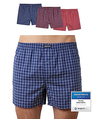 Snocks American Boxershorts Herren aus Bio-Baumwolle 3er-Pack, Weite Passform und lockerer Fit, Kein juckendes Etikett und komfortabler Bund, Unterhosen Herren Gr.L, Farbe Kleines Karo Mix Blau/Rot von Snocks