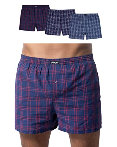 Snocks American Boxershorts Herren aus Bio-Baumwolle 3er-Pack, Weite Passform und lockerer Fit, Kein juckendes Etikett und komfortabler Bund, Unterhosen Herren Gr.L, Farbe Großes Karo Mix Blau von Snocks