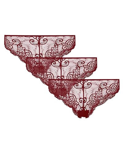Snocks Brazilian Slip Damen aus Spitze (3er Pack) - Damenunterwäsche mit Perfekter Passform und angenehmem Tragegefühl - Klassisches Unterwäsche Frauen - Weinrot - XS von Snocks