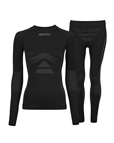 Snocks Frauen Thermo Set Gr. XS I Wärmende Thermounterwäsche für Damen I Ski, Jogging, Spatzieren oder für die Freizeit ideal geeignet I Funktionsshirt Frauen langarm und Gefütterte Leggings I Schwarz von Snocks