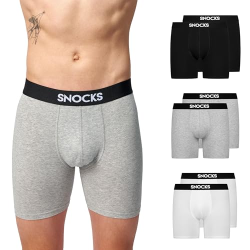 Snocks Herren Lange Boxershorts Set 6er-Pack in den Gr. 4XL aus Bio-Baumwolle I Unterhosen für Jungs mit idealer Passform ganz ohne zwicken oder aufrollen I Retro Optik I Schwarz/Grau/Weiß Mix von Snocks