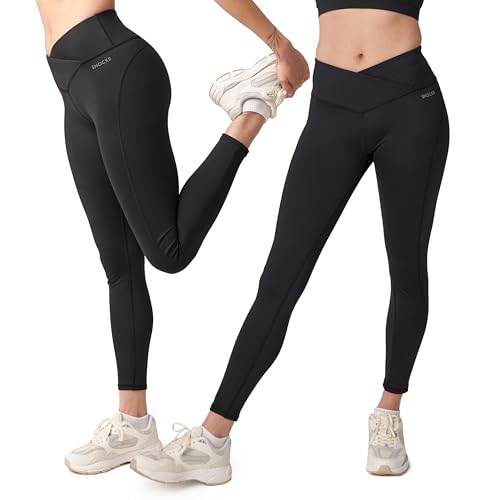 Snocks High Waist Sportleggins Damen V Cross - L - Leggins Damen Schwarz - Blickdicht Leggins mit Bauchkontrolle für jeden Körpertyp - Atmungsaktiv und Bequemer Sitz Push Up Leggings von Snocks