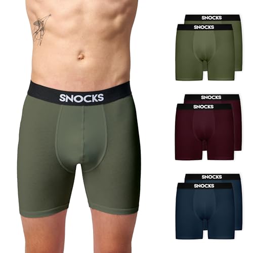 Snocks Lange Boxershorts Herren aus Bio-Baumwolle (6er Pack) - Ideal für Sport und Alltag - Kein juckendes Etikett und komfortabler Bund - Unterhosen Herren Gr.L, Farbe Mix (Navy/Rot/Olivine) von Snocks