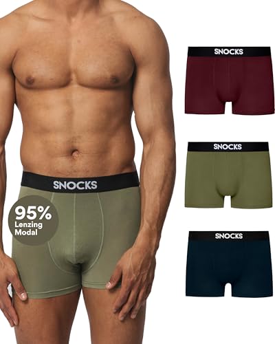 Snocks Premium Boxershorts Herren aus weichem Lenzing Modal (3er Pack) - Ultraleichte atmungsaktive Boxershorts. Unterwäsche Männer ohne Kratzenden Etiketten - Gr.L - Farbe Mix(Schwarz/Rot/Olivine) von Snocks