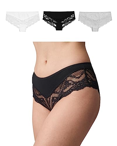 Snocks 3er Pack Hipster Lace - Damen Baumwolle Panties mit Spitze - Unterhose Damen Slip - Gr. L - Farbe Mix (White/Grau/Schwarz) von Snocks