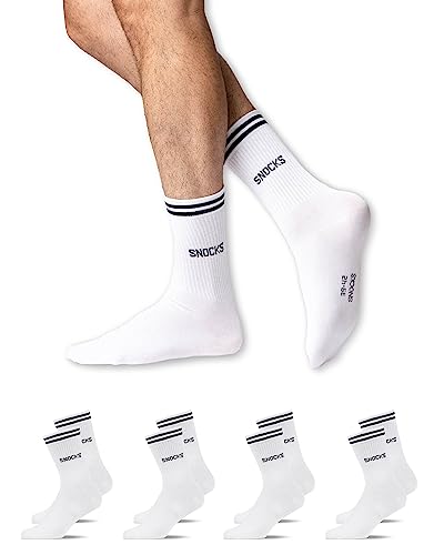 Snocks Retro Socken aus Bio Baumwolle 4 Paar - Lifestyle Socken im Streifen Design - Lange Tennissocken für Damen & Herren - Hohe Sportsocken - Gr. 35-38 - Farbe Weiß von Snocks