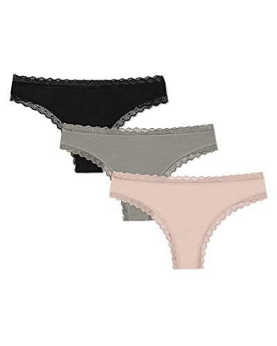 Snocks Tanga Damen mit Spitze aus Bio-Baumwolle 3er Pack - String Damen Klassisches Design - Angenehmes Tragegefühl ohne Einschneiden - Unsichtbare Unterwäsche - Apricot/Green/Schwarz - M von Snocks
