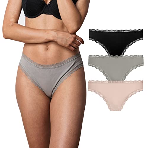 Snocks Tanga Damen mit Spitze aus Bio-Baumwolle 3er Pack - String Damen Klassisches Design - Angenehmes Tragegefühl ohne Einschneiden - Unsichtbare Unterwäsche - Apricot/Green/Schwarz - XL von Snocks