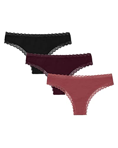 Snocks Tanga Damen mit Spitze aus Bio-Baumwolle 3er Pack - String Damen Klassisches Design - Angenehmes Tragegefühl ohne Einschneiden - Unsichtbare Unterwäsche - Mauve/Weinrot/Schwarz - XS von Snocks