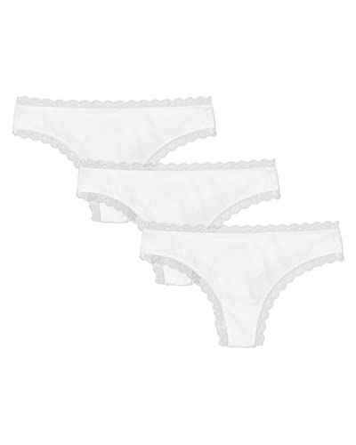 Snocks Tanga Damen mit Spitze aus Bio-Baumwolle 3er Pack - String Damen Klassisches Design - Angenehmes Tragegefühl ohne Einschneiden - Unsichtbare Unterwäsche - Weiß - XL von Snocks