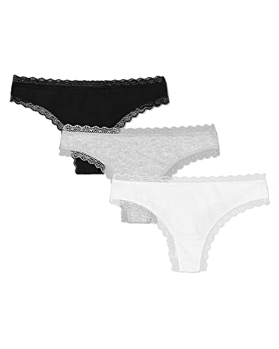 Snocks Tanga Damen mit Spitze aus Bio-Baumwolle 3er Pack - String Damen Klassisches Design - Angenehmes Tragegefühl ohne Einschneiden - Unsichtbare Unterwäsche - Weiß/Hellgau/Schwarz - XS von Snocks