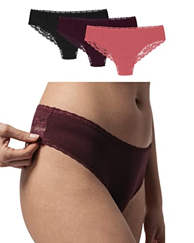 Snocks Brazilian Slip mit Spitze Damen aus Bio-Baumwolle (3er Pack) - Damenunterwäsche mit perfekter Passform und angenehmem Tragegefühl - Unterwäsche Frauen Gr.M, Farbe Mauve/Rott/Schwarz von Snocks