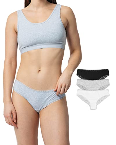 Snocks Brazilian Slip mit Spitze Damen aus Bio-Baumwolle (3er Pack) - Damenunterwäsche mit perfekter Passform und angenehmem Tragegefühl - Unterwäsche Frauen Gr.XL, Farbe Weiß/Grau/Schwarz von Snocks