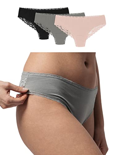 Snocks Brazilian Slip mit Spitze Damen aus Bio-Baumwolle (3er Pack) - Damenunterwäsche mit perfekter Passform und angenehmem Tragegefühl - Unterwäsche Frauen Gr.M, Farbe Apricot/Grün/Schwarz von Snocks